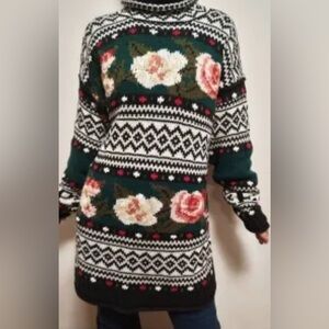 Oversized Vintage Express Tricot Floral Knit Tunic Sweater Sz XS/S Y2K Roses